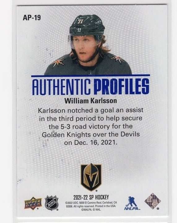 William Karlsson 2021-22 Upper Deck SP Authentic Profiles #AP-19