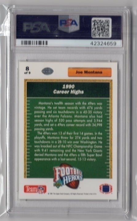 Joe Montana 1991 Upper Deck Heroes 1990 Career Highs PSA 8 #8