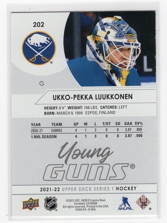 Ukko-Pekka Luukkonen 2021-22 Upper Deck Series 1 - Young Guns #202