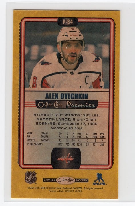 Alex Ovechkin 2021 O-Pee-Chee Premiere Yellow #P-34