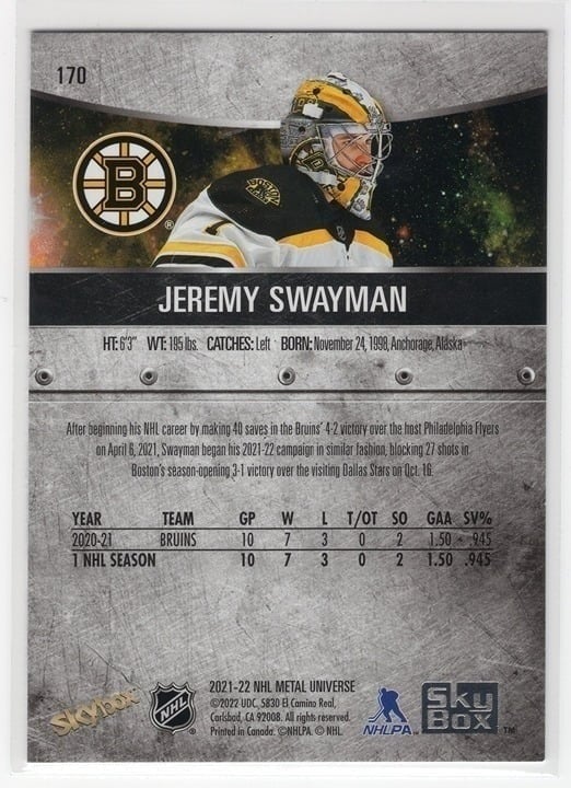 Jeremy Swayman 2021-22 Skybox Metal Universe Rookie Card #170