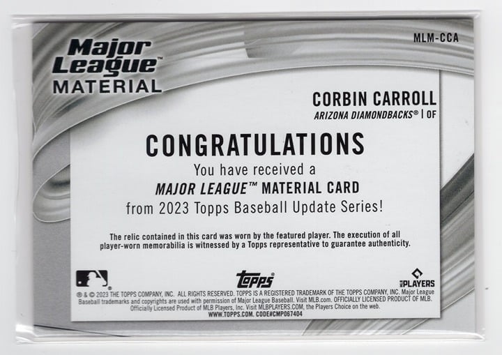 Corbin Carroll 2023 Topps Update Series Relic Player Worn Rookie Card #MLM-CCA