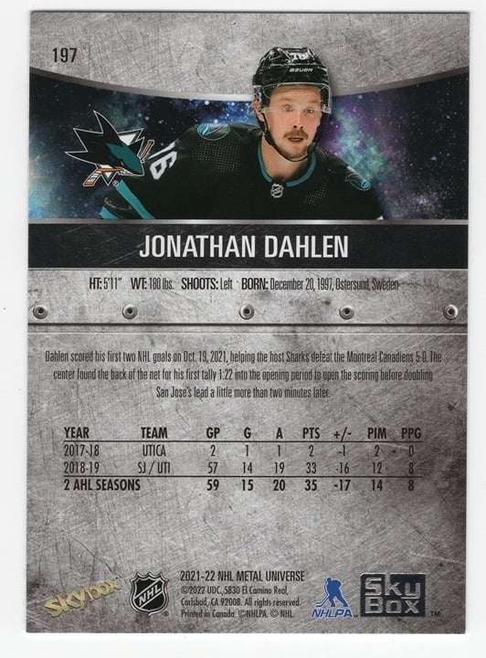 Jonathan Dahlen 2022 Skybox Metal Universe Blue Spectrum Rookie Card #197