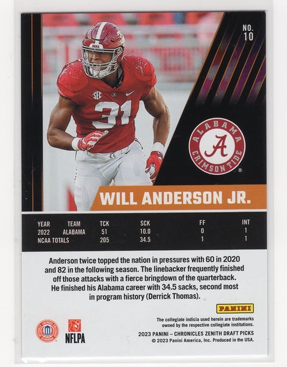 Will Anderson Jr 2023 Panini Chronicles Zenith Draft Picks Alabama #10