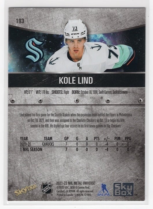 Kole Lind 2021-22 Skybox Metal Universe Blue Foil Rookie Card #193