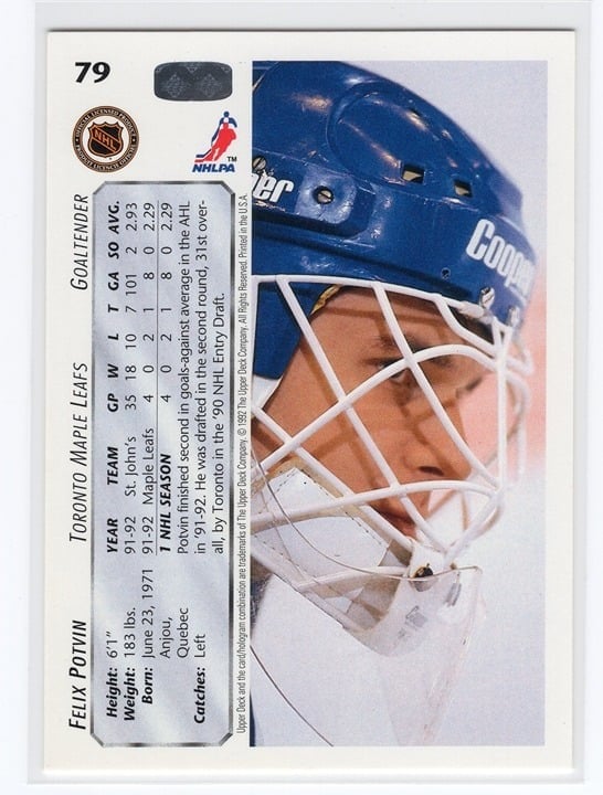 Felix Potvin 1992 Upper Deck Toronto Maple Leafs #79