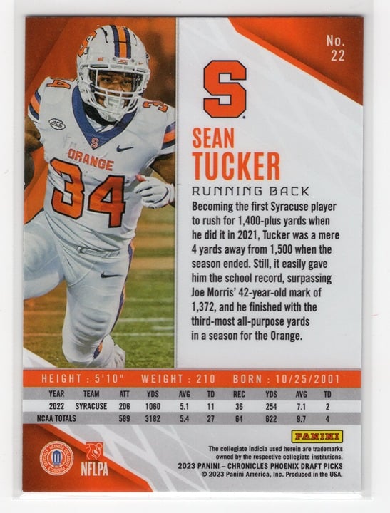Sean Tucker 2023 Panini Chronicles Phoenix Draft Picks Syracuse #22