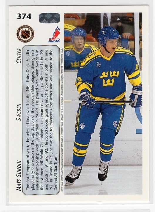 Mats Sundin 1992 Upper Deck Ice Hockey World Championships #374