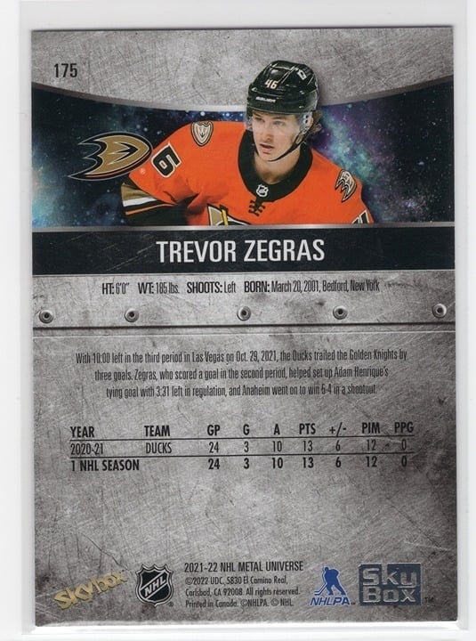 Trevor Zegras 2021-22 Skybox Metal Universe Blue Spectrum Rookie Card #175