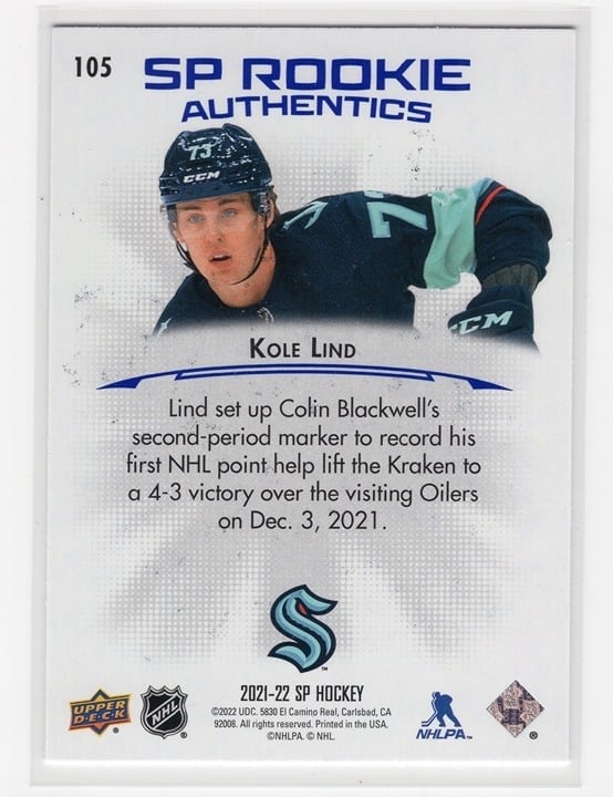 Kole Lind 2021-22 Upper Deck SP Rookie Authentics #105