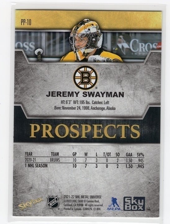 Jeremy Swayman 2021-22 Skybox Metal Universe Prospects #PP-10
