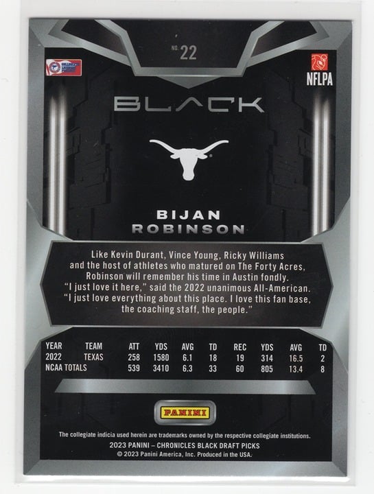 Bijan Robinson 2023 Panini Chronicles Black Draft Picks Texas #22