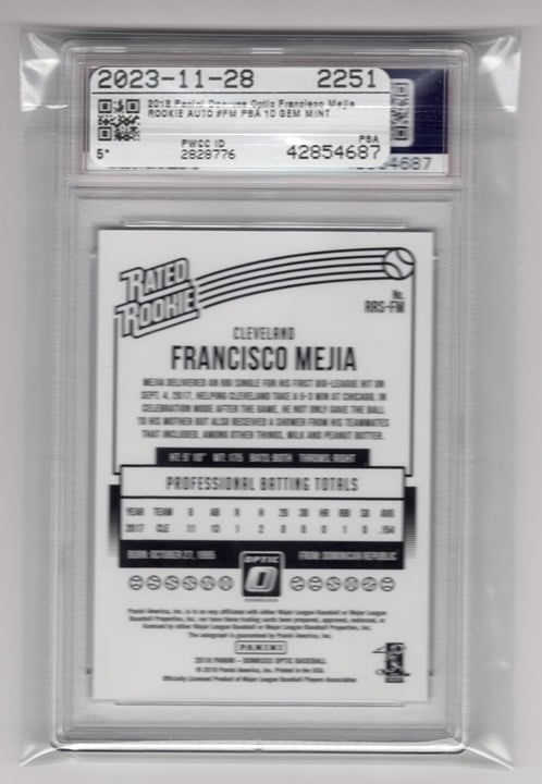 Francisco Mejia 2018 Panini Donruss Optic Rated Rookie Signatures PSA 10 #FM