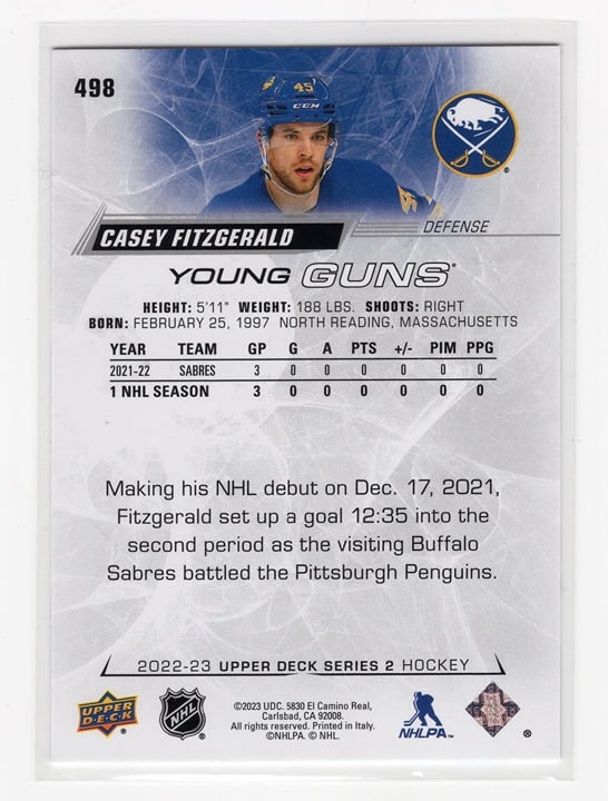 Casey Fitzgerald 2022-23 Upper Deck Series 2 Young Guns #486