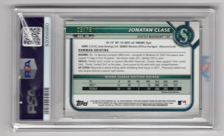 Jonatan Clase 2022 Bowman Draft CHH-YLW Lava Refractor /75 PSA 9 #BDC30