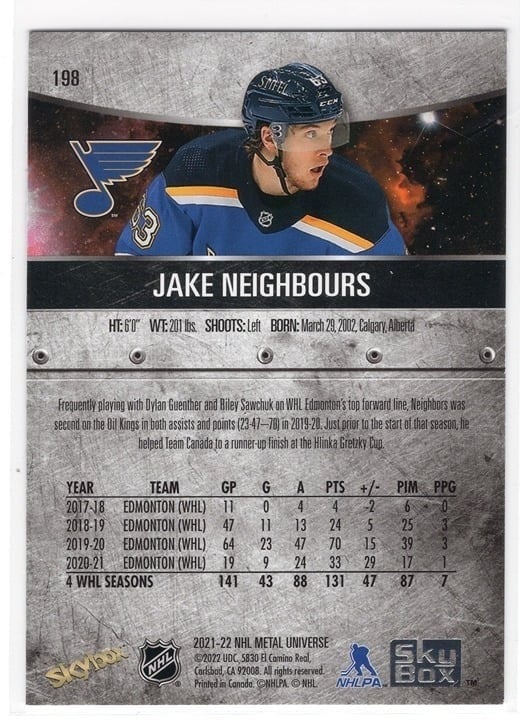 Jake Neighbours 2022 Skybox Metal Universe Rookie Blue Spectrum #198