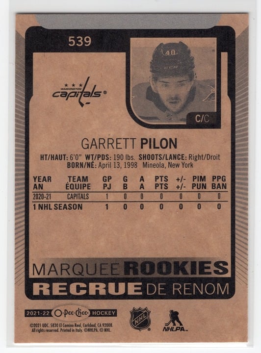 Garrett Pilon 2021 O-Pee-Chee Marquee Rookie Capitals #539