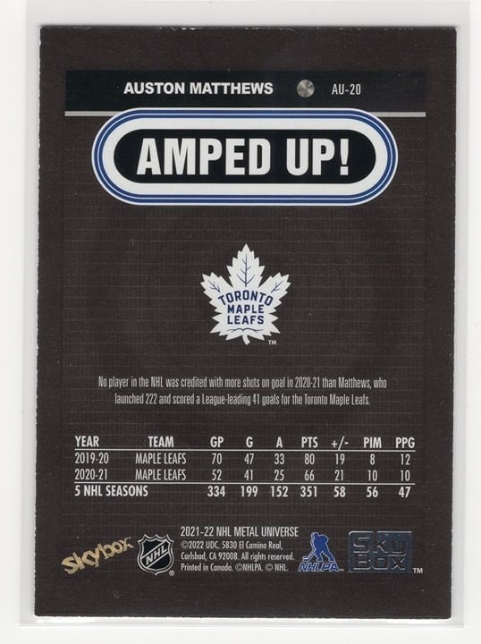 Auston Matthews 2021-22 Skybox Metal Universe Amped Up! #AU-20