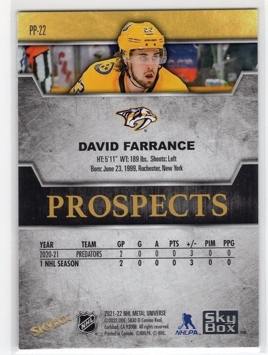 David Farrance 2021-22 Skybox Metal Universe Prospects Premium Sapphire #PP-22