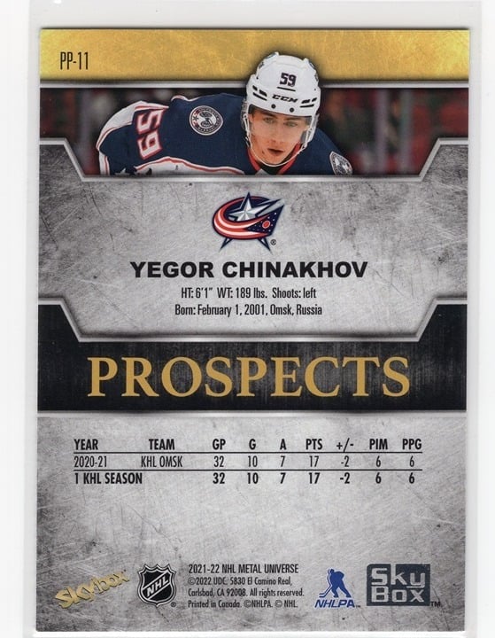 Yegor Chinakhov 2021-22 Skybox Metal Universe Prospects Sapphire #PP-11