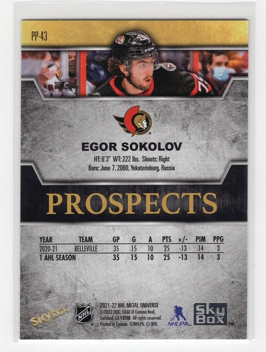 Egor Sokolov 2021-22 Upper Deck Premier Prospects Sapphire #PP-43