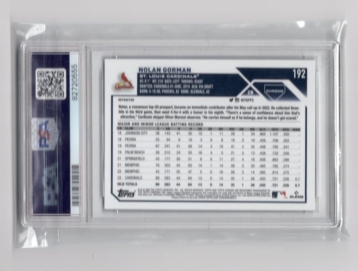 Nolan Gorman 2023 Topps Chrome Rookie Card - Refractor PSA 9 #192