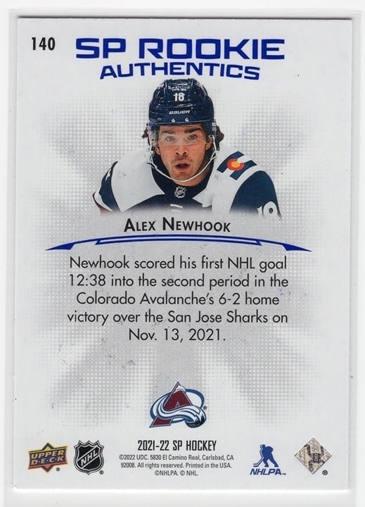 Alex Newhook 2021-22 Upper Deck SP Rookie Authentic #140