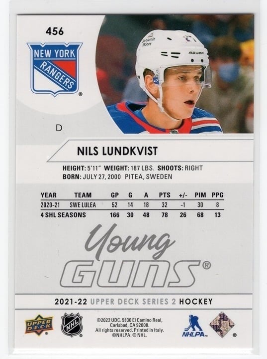 Nils Lundkvist 2021-22 Upper Deck Series 2 Young Guns #456
