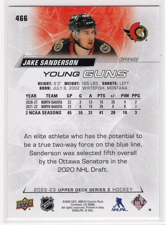 Jake Sanderson 2022-23 Series 1 Young Guns #466