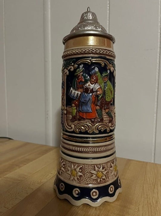 Vintage DBGM GERZ Tavern Scene Lidded Ceramic German Beer Stein with Music Box