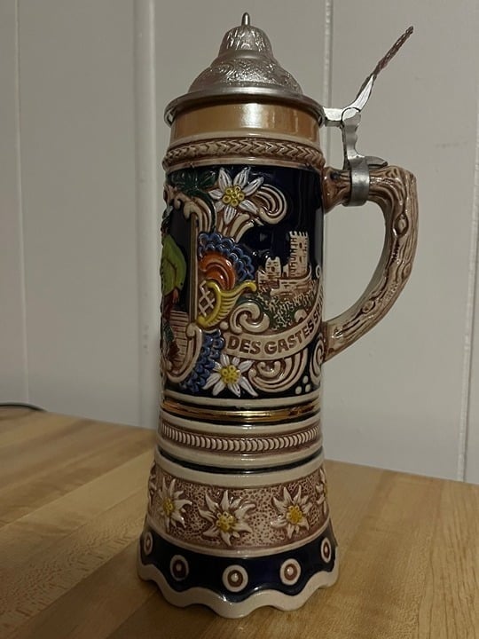 Vintage DBGM GERZ Tavern Scene Lidded Ceramic German Beer Stein with Music Box