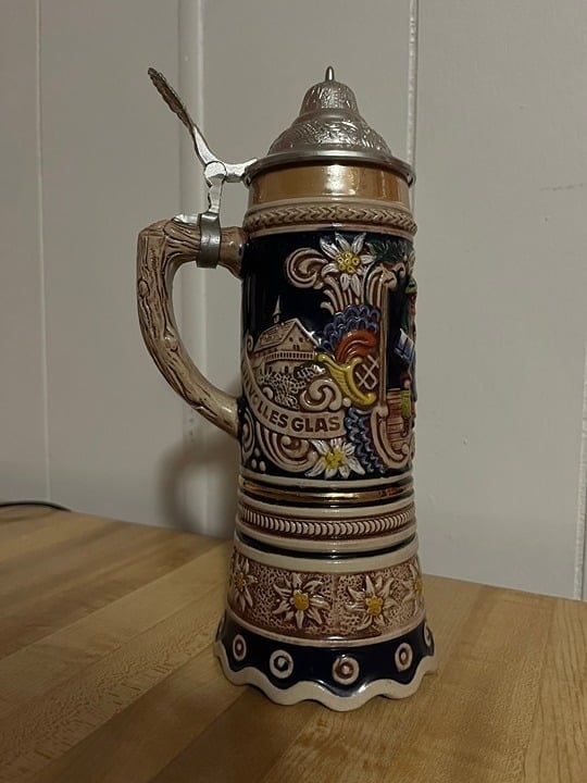 Vintage DBGM GERZ Tavern Scene Lidded Ceramic German Beer Stein with Music Box