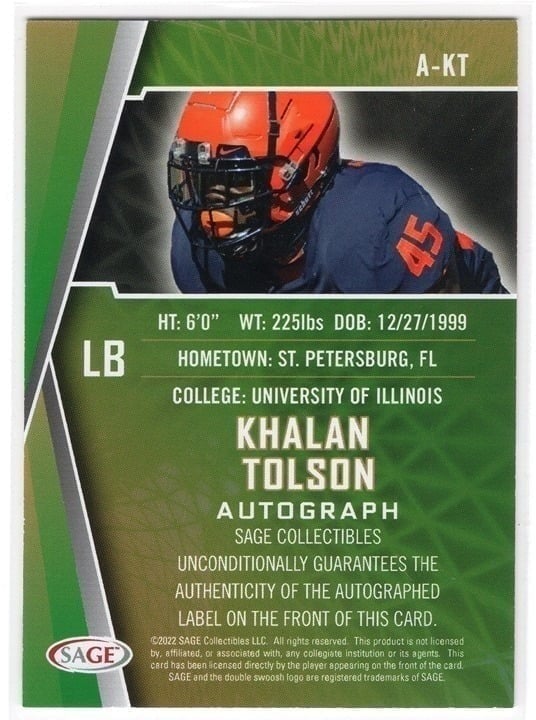 Khalan Tolson 2022 Sage Autograph #A-KT