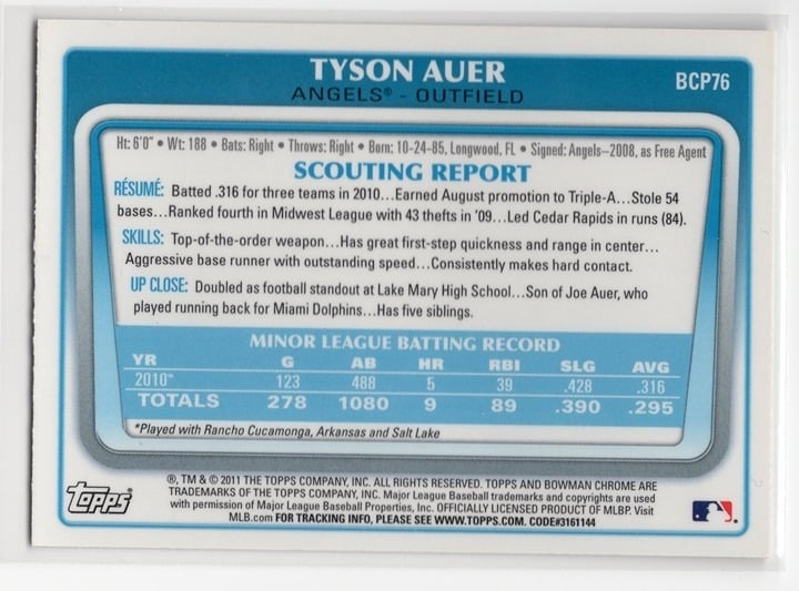 Tyson Auer 2011 Topps Bowman Chrome Autograph #BCP76