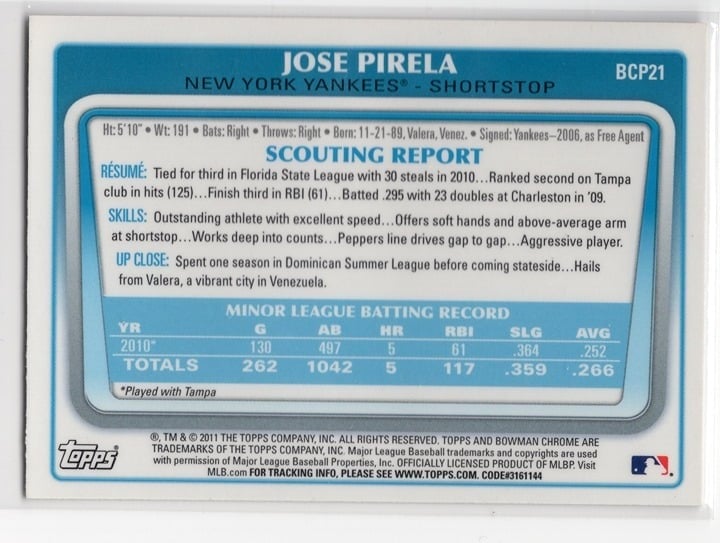 Jose Pirela 2011 Topps Bowman Chrome Autograph #BCP21