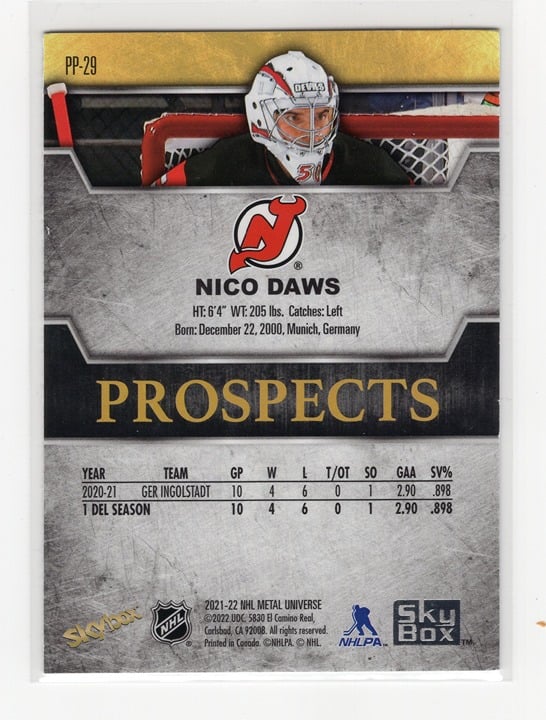 Nico Daws 2021-22 Upper Deck Skybox Premier Prospects Sapphire #PP-29