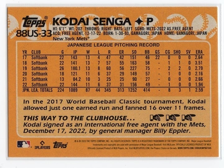 Kodai Senga 2023 Topps Heritage Rookie Card #88US-33