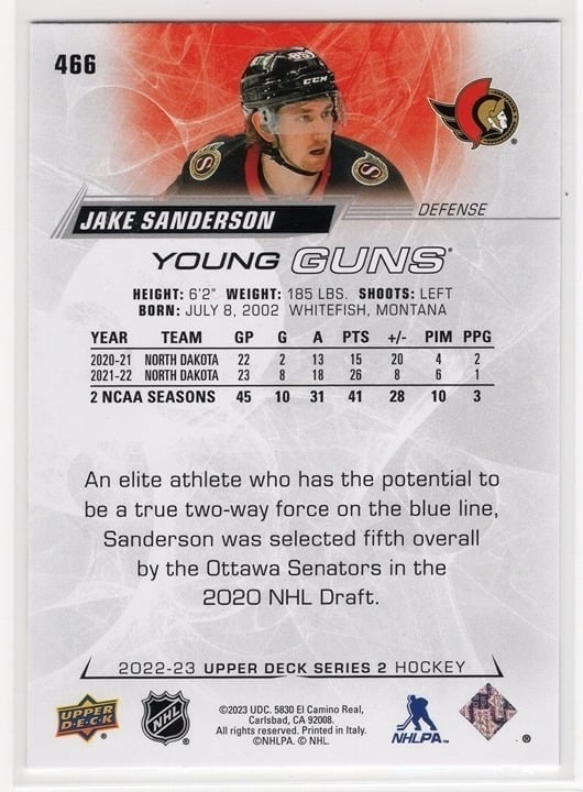 Jake Sanderson 2022-23 Series 1 Young Guns #466