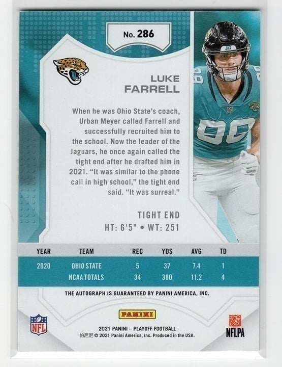 Luke Farrell 2021 Panini Playoff Autograph Rookie Card #286