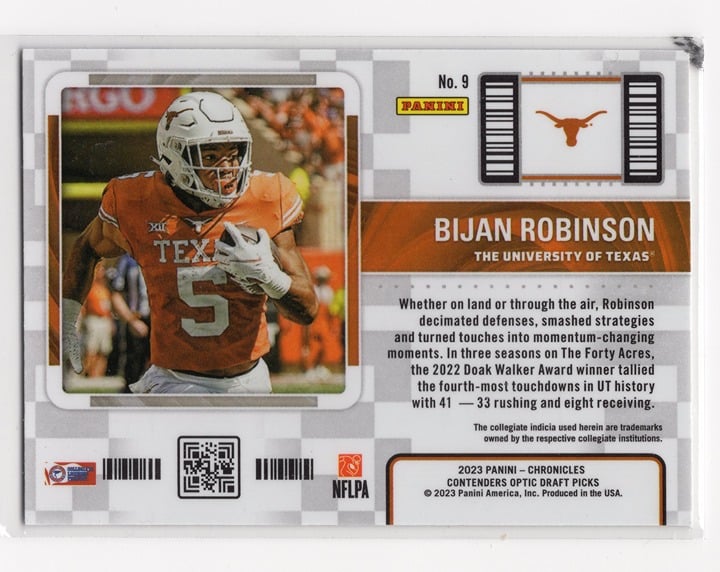 Bijan Robinson 2023 Panini Chronicles Contenders Optic Draft Picks #9