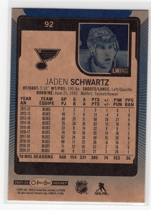 Jaden Schwartz 2021 O-Pee-Chee Blue St. Louis #92