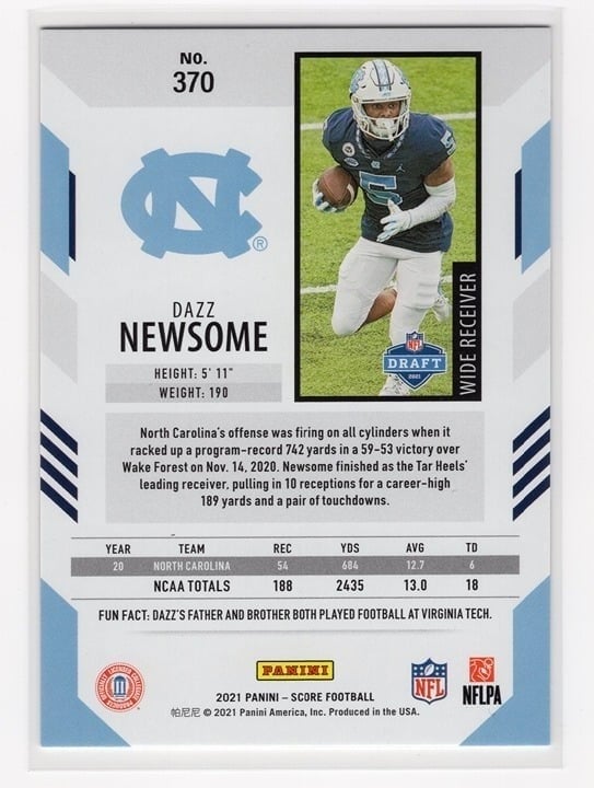 Dazz Newsome 2021 Panini Score Football Gold /575 Rookie Card #370