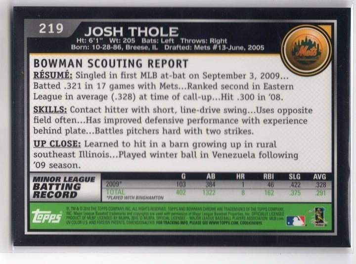 Josh Thole 2010 Topps Bowman Chrome Autograph Rookie Card #219