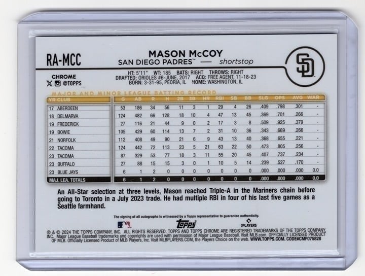 Mason McCoy 2024 Topps Chrome Rookie Auto Purple Speckle /299 #RA-MCC