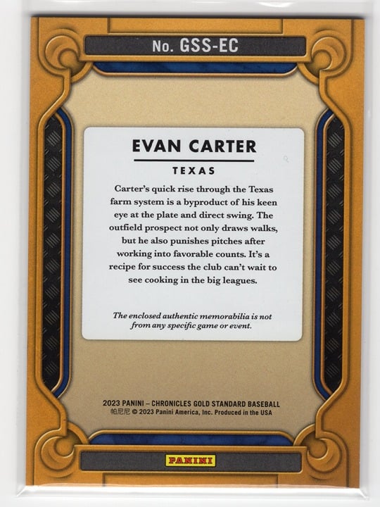 Evan Carter 2023 Panini Chronicles Gold Standard Swatches Baseball Relic #GSS-EC