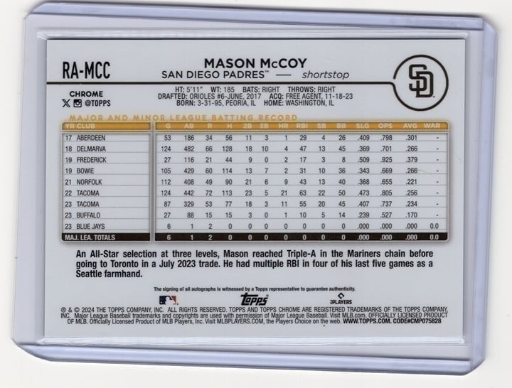 Mason McCoy 2024 Topps Chrome Rookie Auto #RA-MCC